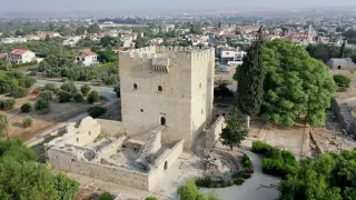 Aerial view of Kolossi Castle, a medieval fortress and historical site in Cyprus